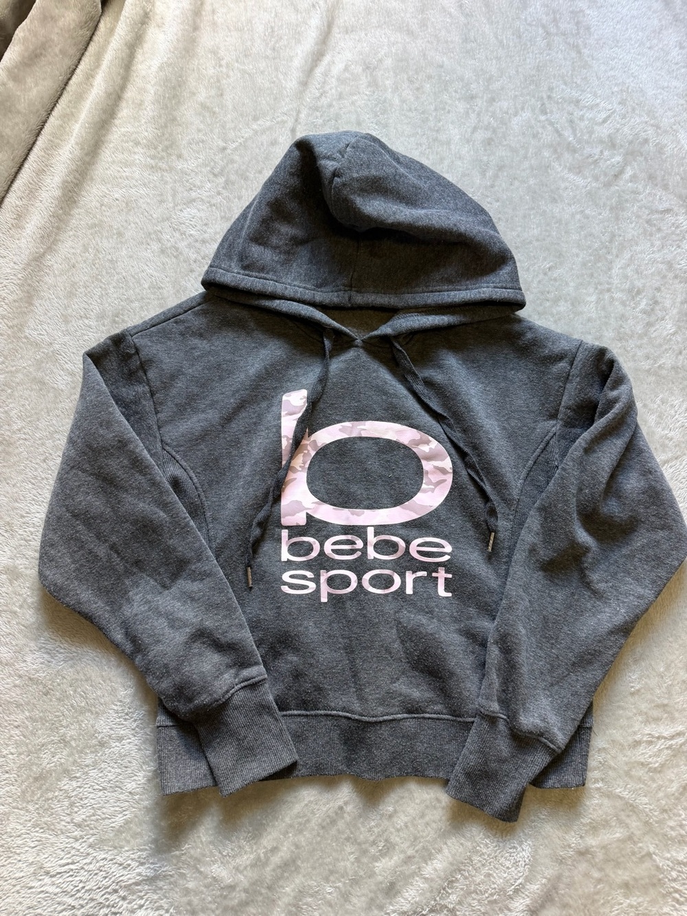 bebe Charcoal Hoodie with Light Pink camo Logo